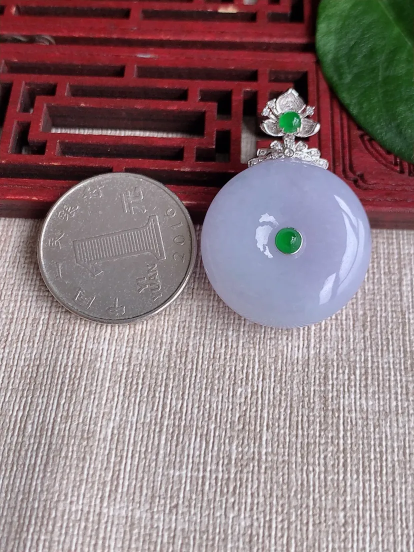 天然A货翡翠18K金伴紫罗兰平安扣吊坠尺寸36.8×25.7×10.4m量16.38g 0504