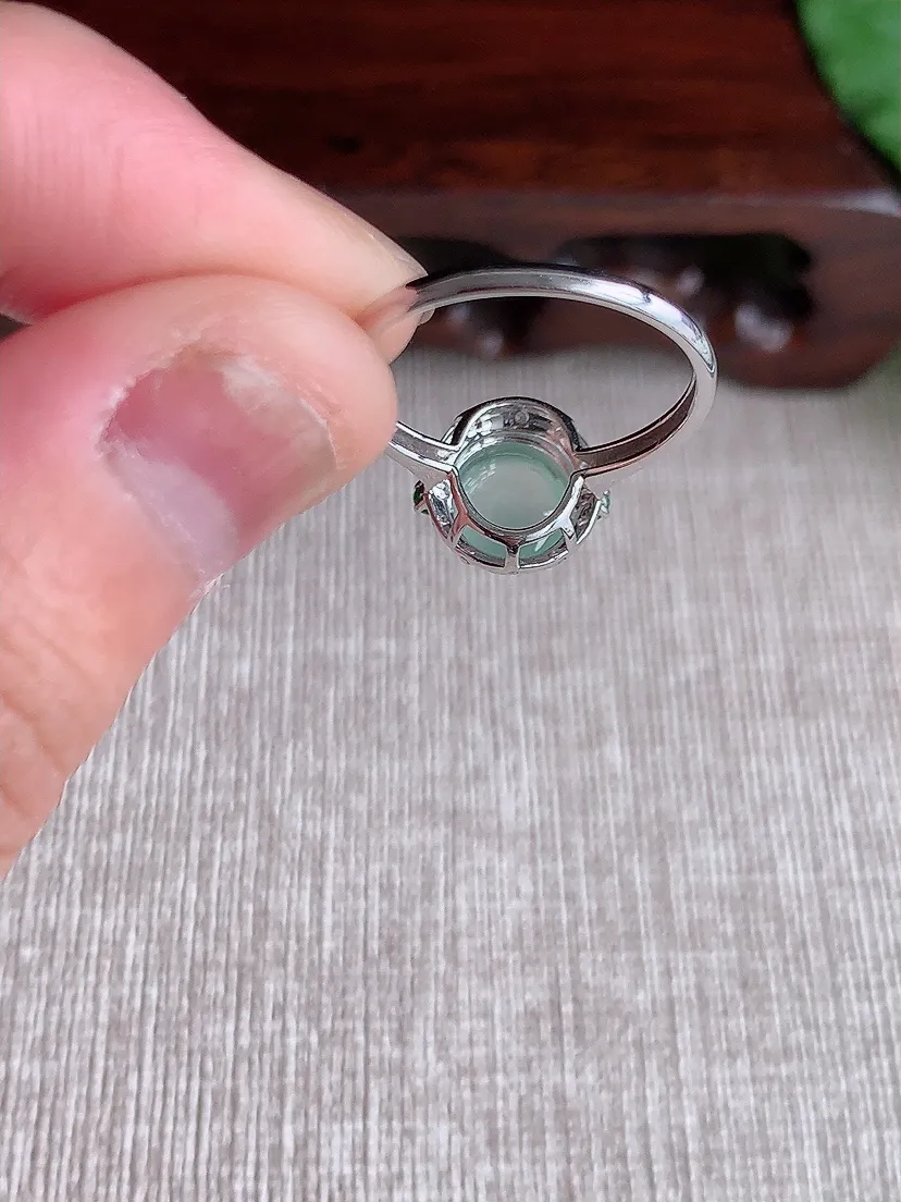 天然A货翡翠18K金伴钻镶嵌晴水蛋面戒指 圈口17裸石尺寸7.6×6.7mm 重量1.86g 0504