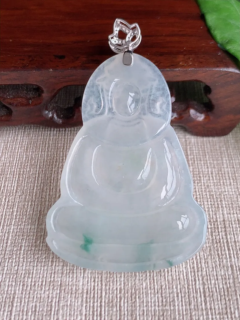 天然A货翡翠18K飘花素衣观音吊坠尺寸61.2×21.7×36.7×5.3m量17.14g 0504