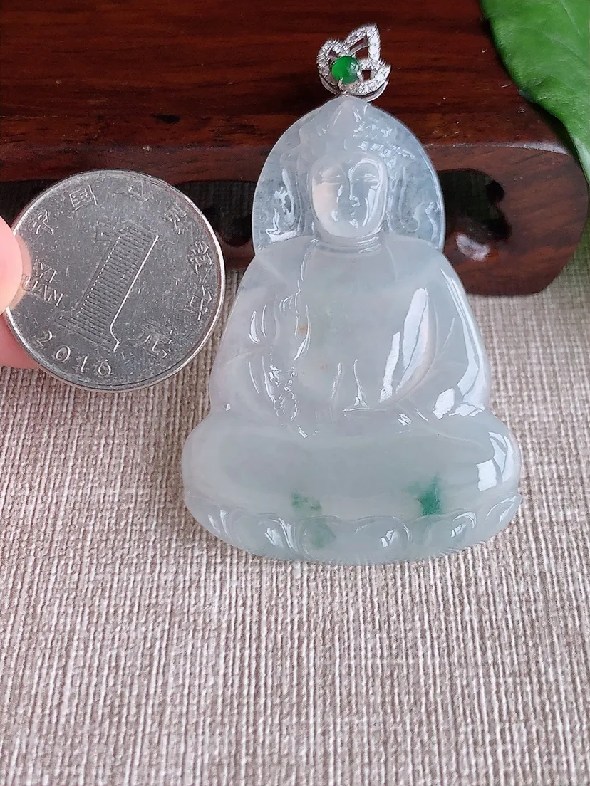天然A货翡翠18K飘花素衣观音吊坠尺寸61.2×21.7×36.7×5.3m量17.14g 0504