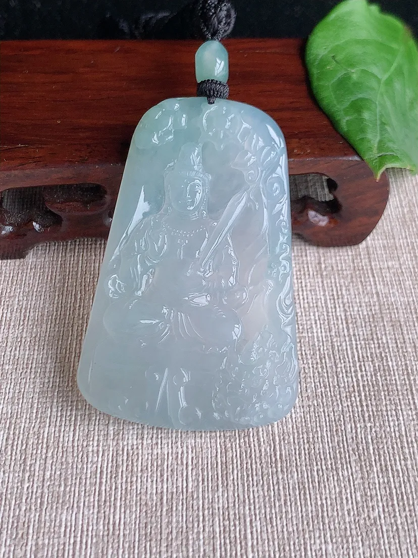 缅甸天然a货翡翠老坑冰种文殊菩萨吊坠  尺寸60.6×38.5×5.5mm 重量34.25g 0507