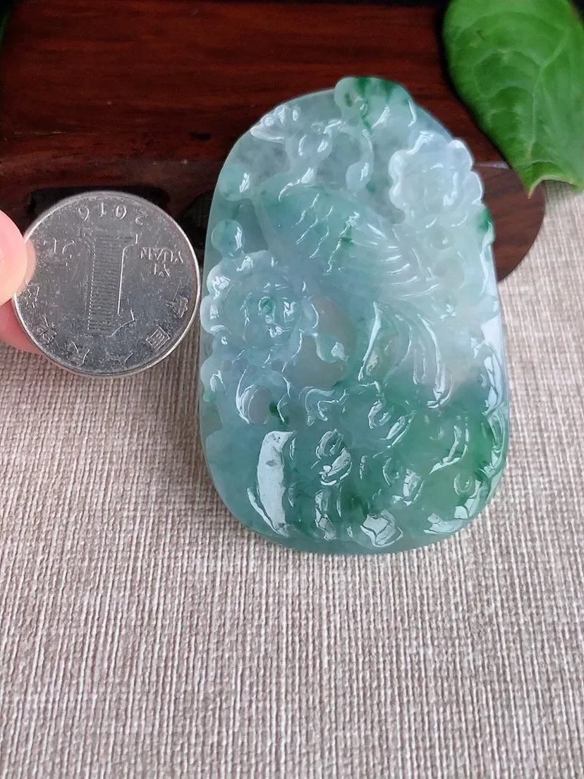 天然A货翡翠飘花凤凰吊坠尺寸63.3×40.6×6m量35.30g 0507