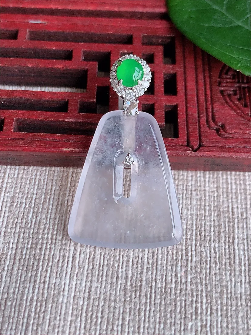 天然A货翡翠18K金伴白月光平安环吊坠尺寸34.5×24×20×3m量4.67g 0508