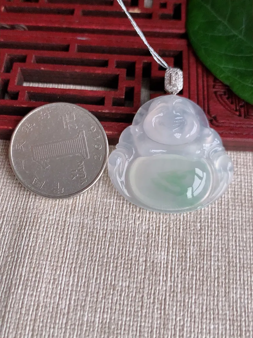 天然A货翡翠18K金伴飘花佛公吊坠尺寸37.2×30×31.4×5.8m量8.78g 0507