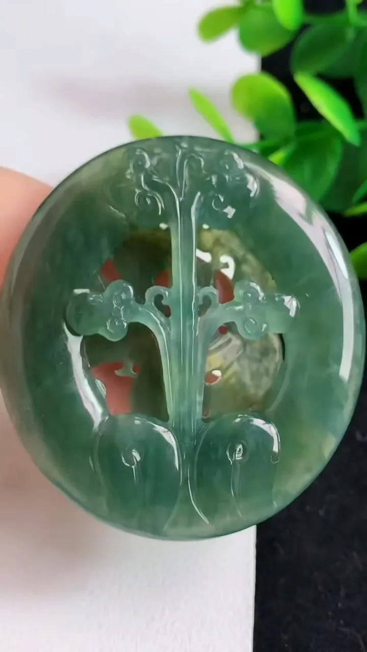 天然A货翡翠蓝水双彩鸟语花香吊坠，尺寸54-49-7，重:29.35g
5月9日