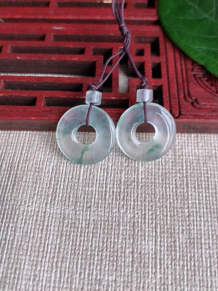 天然A货翡翠冰飘花平安环吊坠一对尺寸14.8×2.3m量2.33g 0507