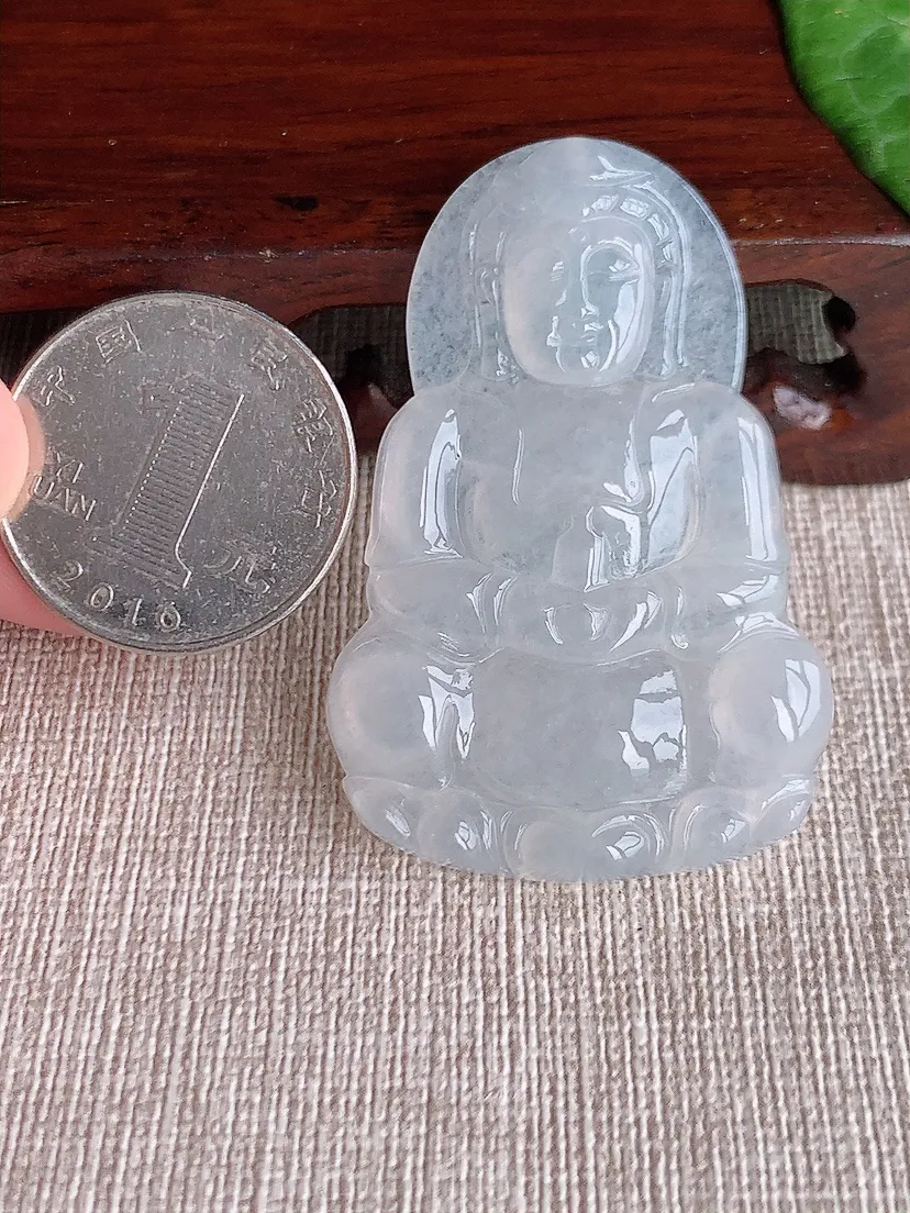 天然A货翡翠白月光正装观音吊坠尺寸50.6×34×5m量14.48g 0511