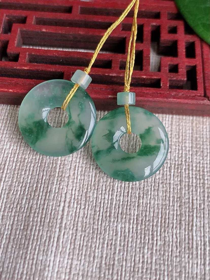 天然A货翡翠飘花平安环吊坠一对尺寸17.5×2.5m量3.50g 0511