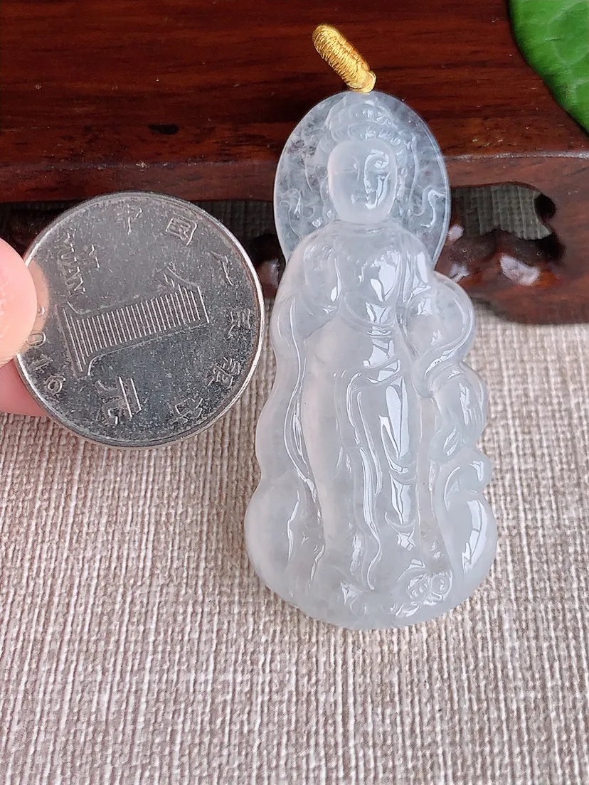 天然A货翡翠白月光观音吊坠尺寸51.7×23.6×5.7m量12.43g 0511