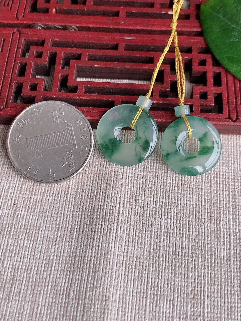 天然A货翡翠飘花平安环吊坠一对尺寸17.5×2.5m量3.50g 0511