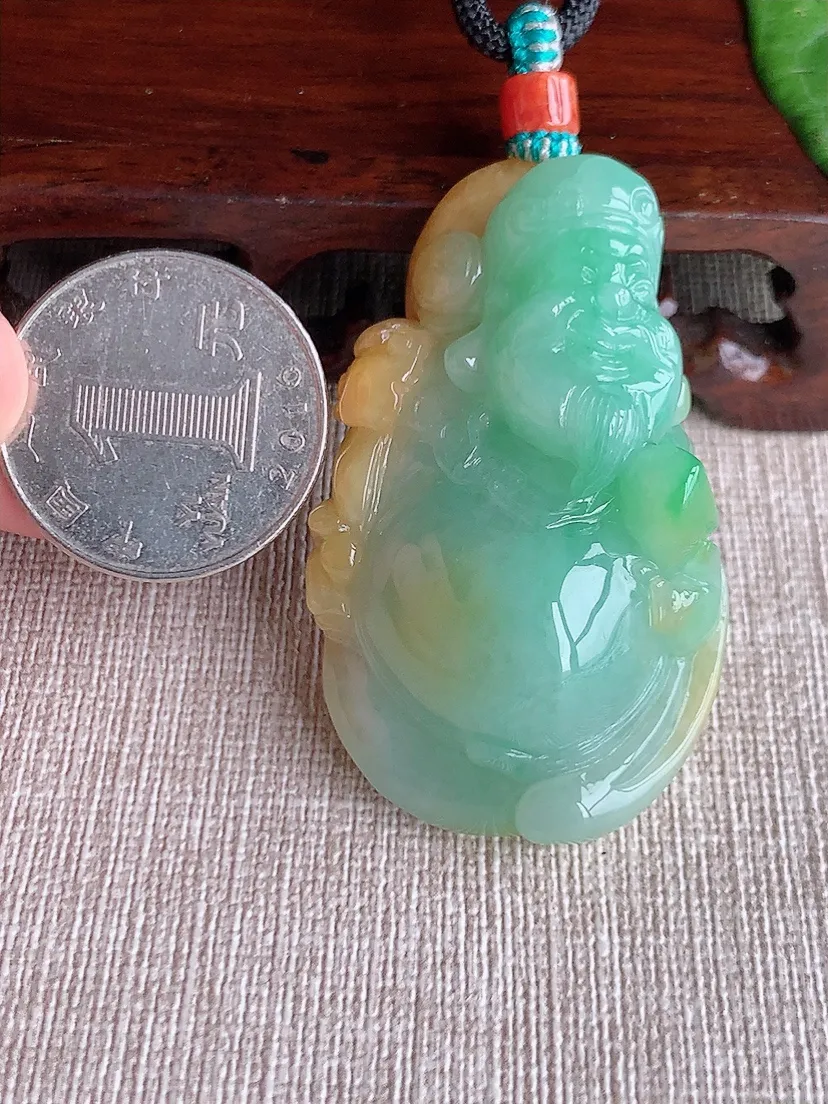 天然A货翡翠冰润黄加绿双彩财神爷吊坠 尺寸51.2×31×22.5m量53.40g 0511