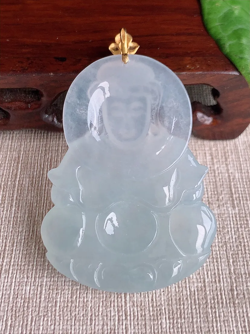 天然A货翡翠18K金扣头白月光观音吊坠尺寸60.3×53.3×39.2×6m量21.55g 0511