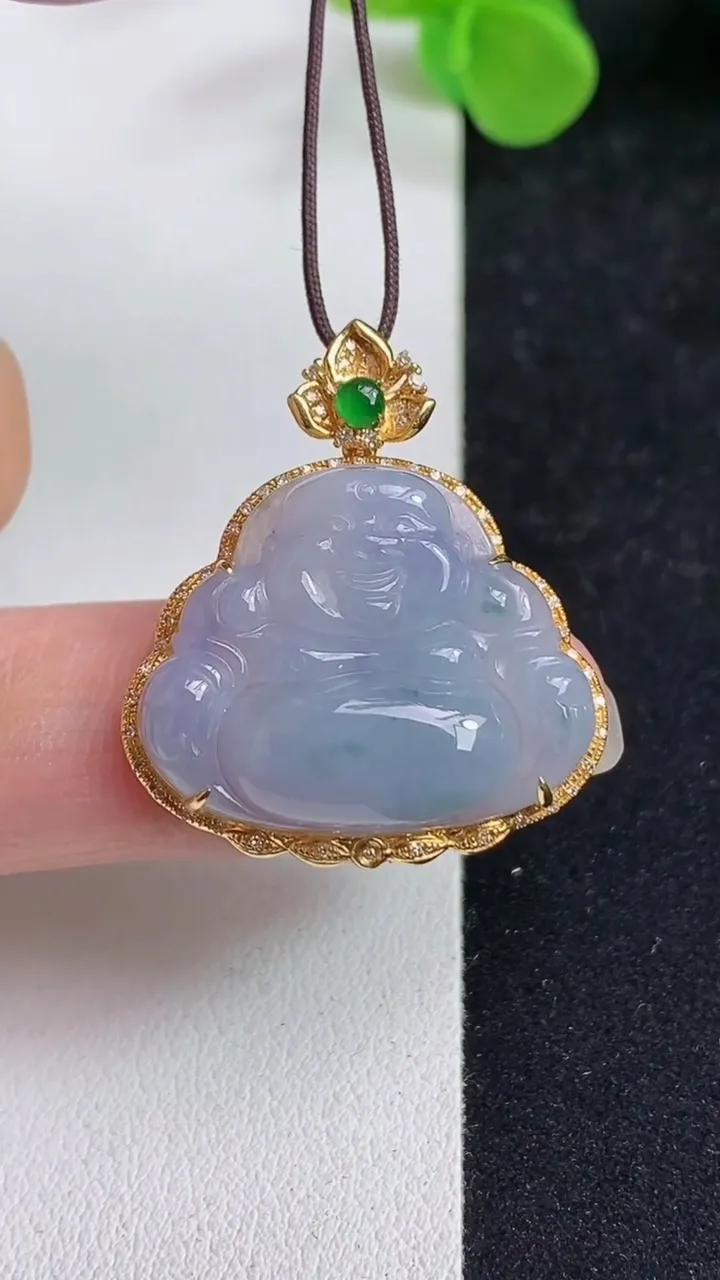 天然A货翡翠k金紫罗兰 飘花佛公吊坠，尺寸29.6-26-8，裸石19.5-23.6，重量:5.44