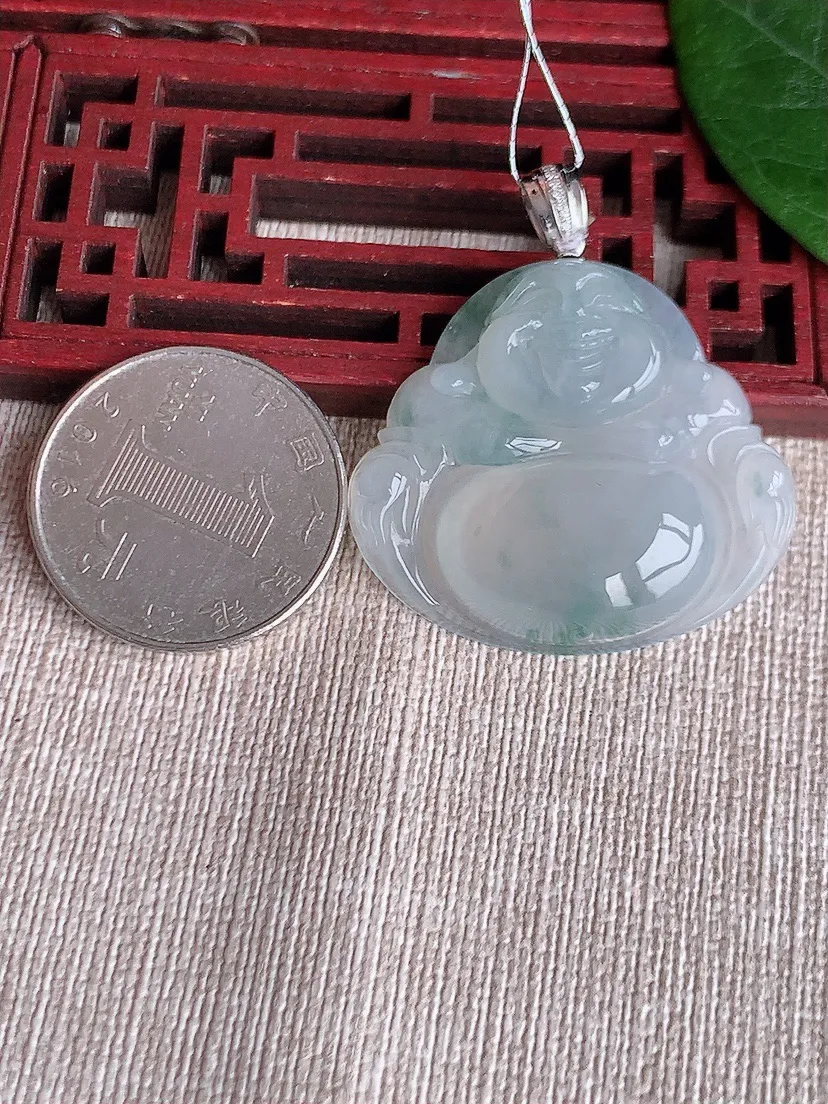 天然A货翡翠18K金扣头飘花佛公吊坠尺寸31.8×35.6×6.8m量11.95g 0511