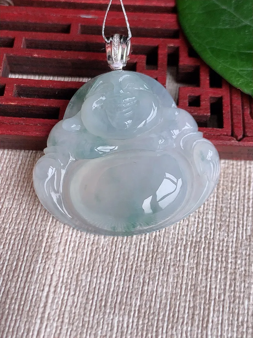 天然A货翡翠18K金扣头飘花佛公吊坠尺寸31.8×35.6×6.8m量11.95g 0511