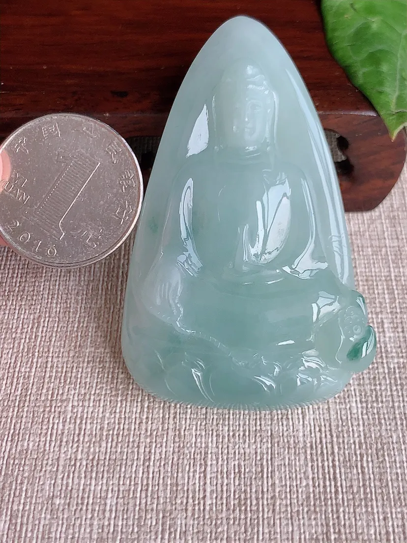 天然A货翡翠冰润飘花观音吊坠尺寸64.2×38×11.6m量53.70g 0513