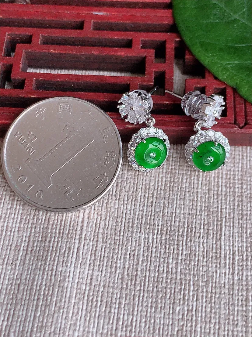 天然A货翡翠925银镶嵌满绿平安扣耳坠 尺寸6.5×5.4mm 重量2.83g 0513