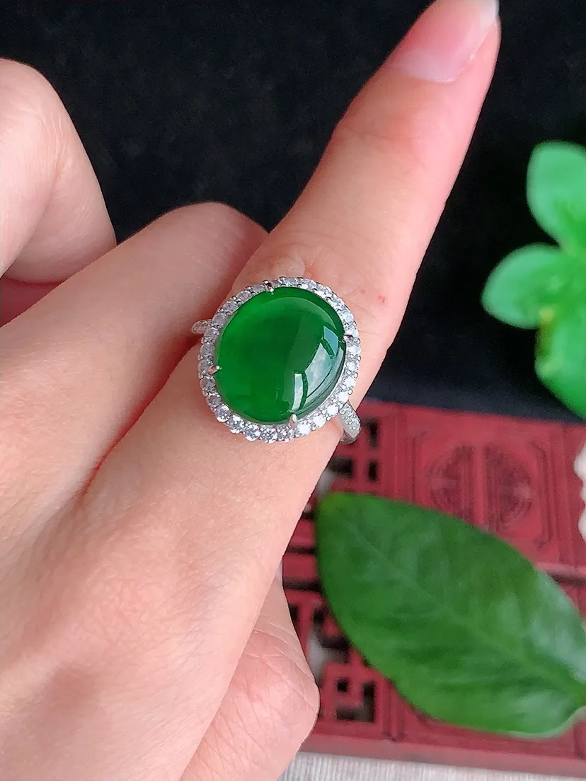 天然A货翡翠925银镶嵌满绿蛋面戒指 圈口可调节 尺寸13.8×11.8mm 重量3.39g 051