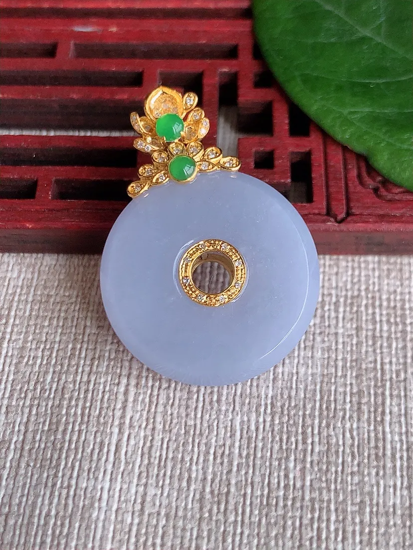 天然A货翡翠18K金伴紫罗兰仿古平安扣吊坠尺寸33.2×23.2×8.8m量11.86g 0513