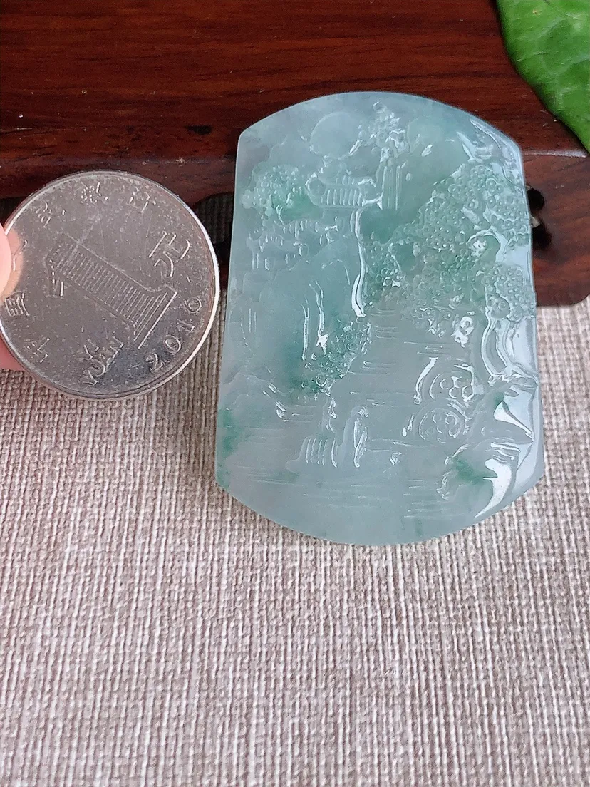 天然A货翡翠飘花一刀切意境山水牌吊坠尺寸49.8×35×5.8m量23.28g 0513