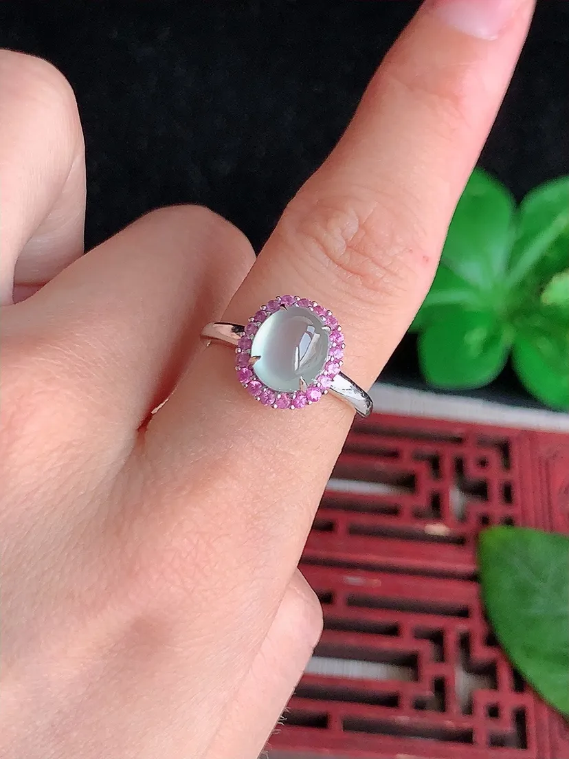 天然A货翡翠18K金伴钻镶嵌晴水蛋面戒指 圈口17裸石尺寸8.2×7mm 重量4.13g 0513