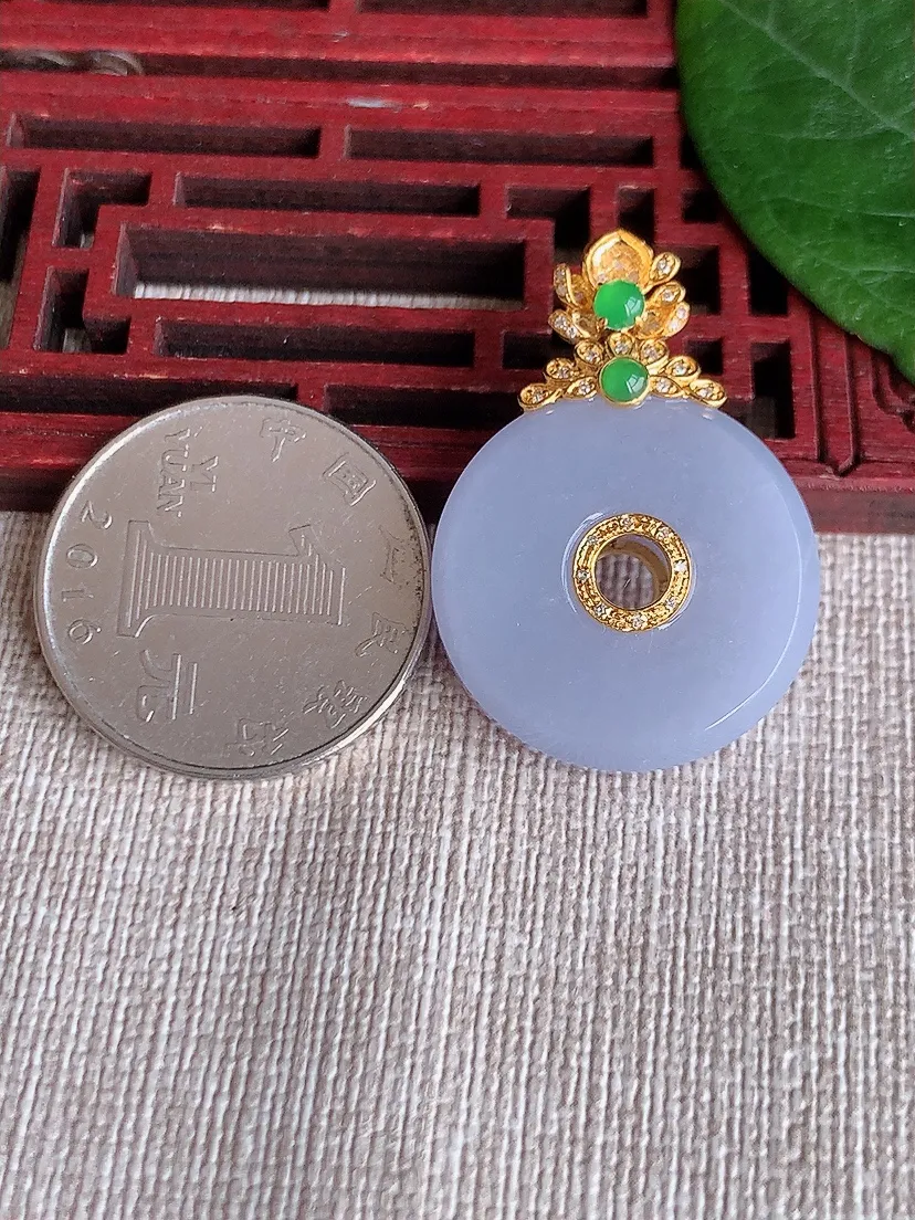 天然A货翡翠18K金伴紫罗兰仿古平安扣吊坠尺寸33.2×23.2×8.8m量11.86g 0513