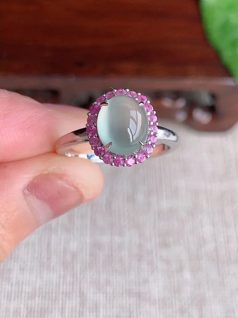 天然A货翡翠18K金伴钻镶嵌晴水蛋面戒指 圈口17裸石尺寸8.2×7mm 重量4.13g 0513