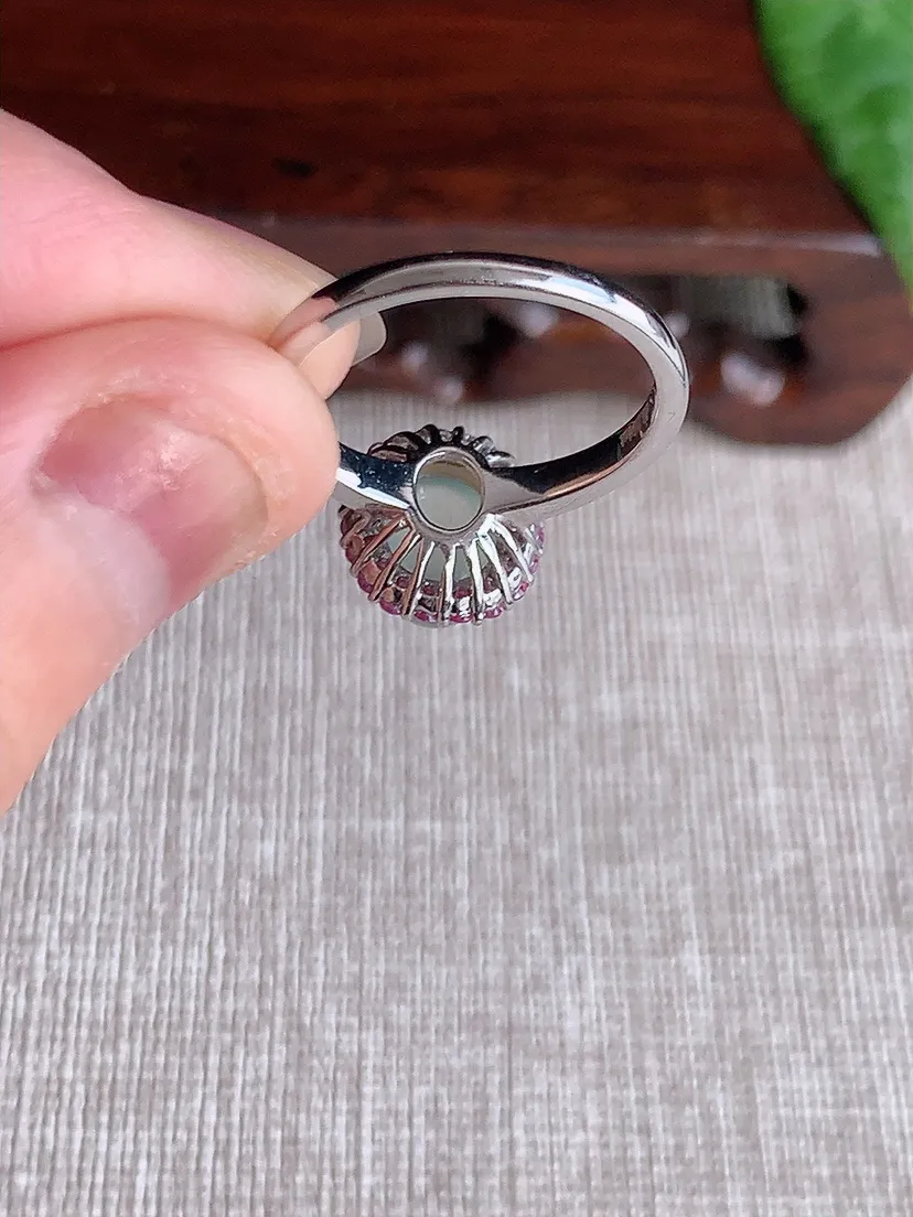 天然A货翡翠18K金伴钻镶嵌晴水蛋面戒指 圈口17裸石尺寸8.2×7mm 重量4.13g 0513