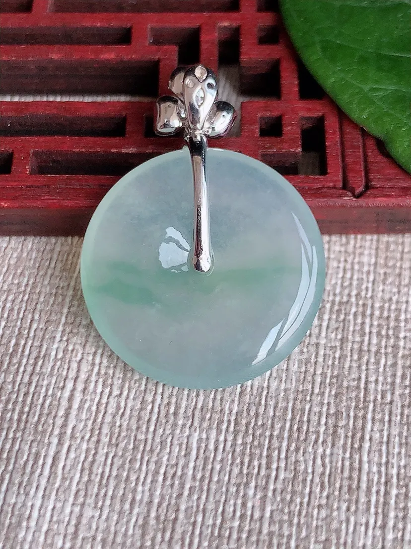 天然A货翡翠18K金伴飘花平安扣吊坠尺寸33.6×23.6×4.2m量6.79g 0513