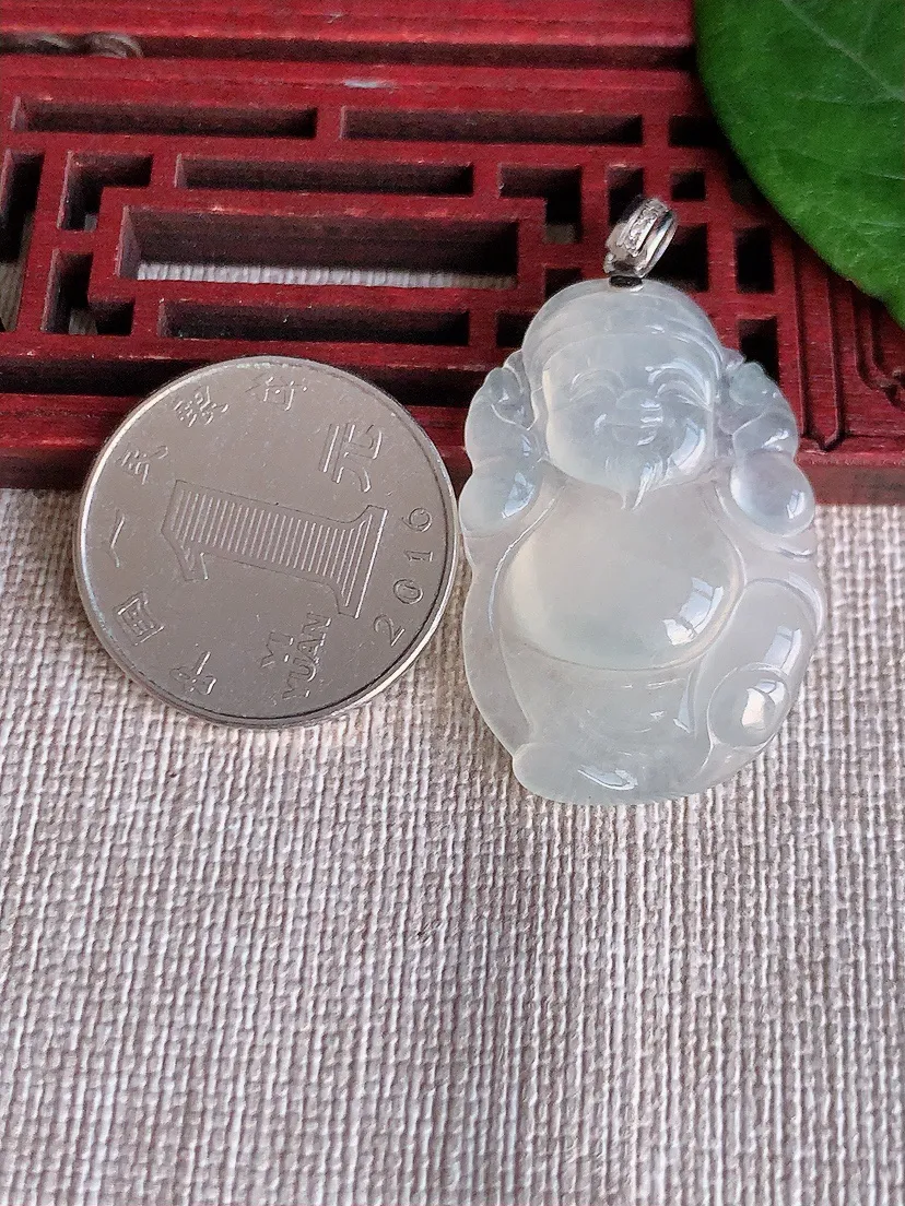 天然A货翡翠18K金扣头白月光财神爷吊坠尺寸35×23×5m量7.63g 0515