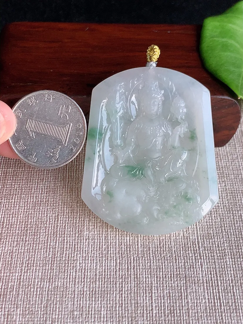 天然A货翡翠飘花文殊菩萨吊坠尺寸52.6×42.5×5.7m量28.05g 0515