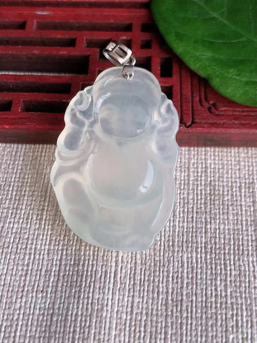 天然A货翡翠18K金扣头白月光财神爷吊坠尺寸35×23×5m量7.63g 0515