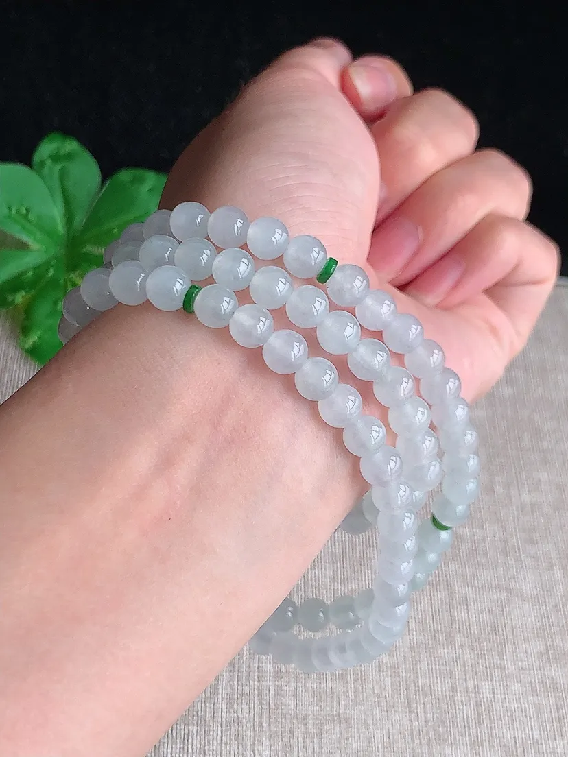 天然A货翡翠冰种白月光圆珠项链毛衣链108颗 度高尺寸6.2mm 重量53.40g 0516