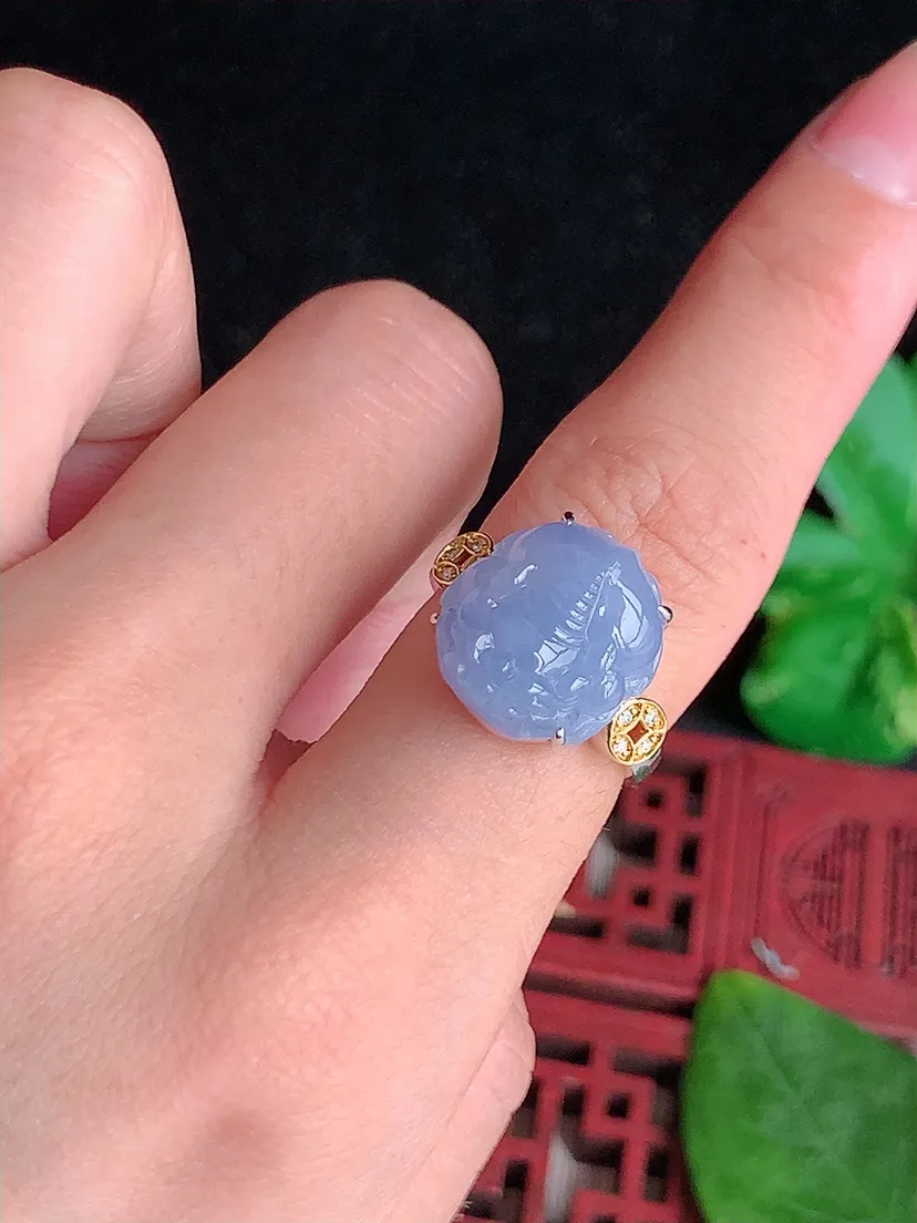 天然A货翡翠18K金镶嵌紫罗兰招财貔貅戒指 圈口17裸石尺寸14.5×12mm 重量5.26g 0516