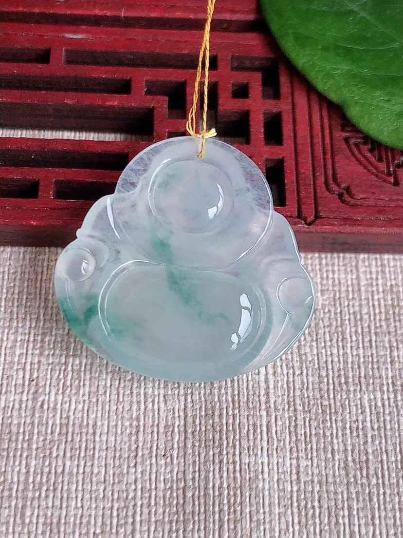天然A货翡翠飘花佛公吊坠尺寸31×32×5.6m量9.37g 0516