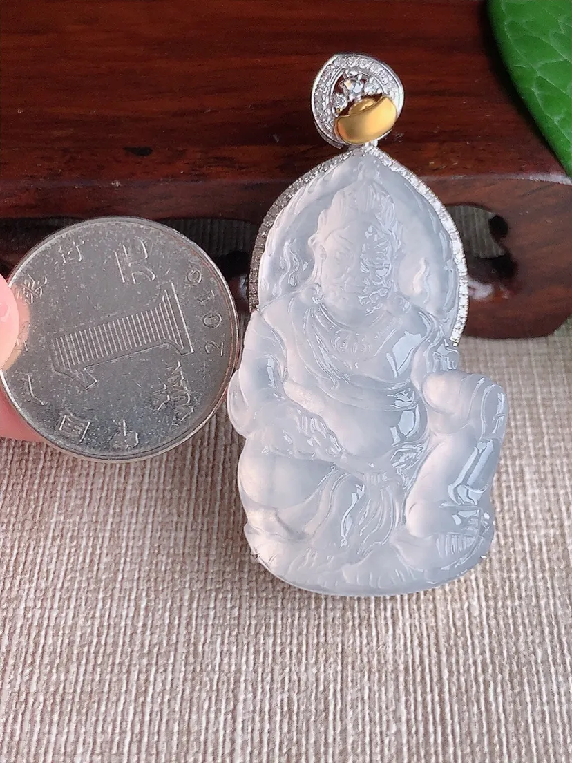 天然A货翡翠18K金伴白月光黄财神吊坠尺寸54×42.8×26.7×9.4m量14.78g 0516