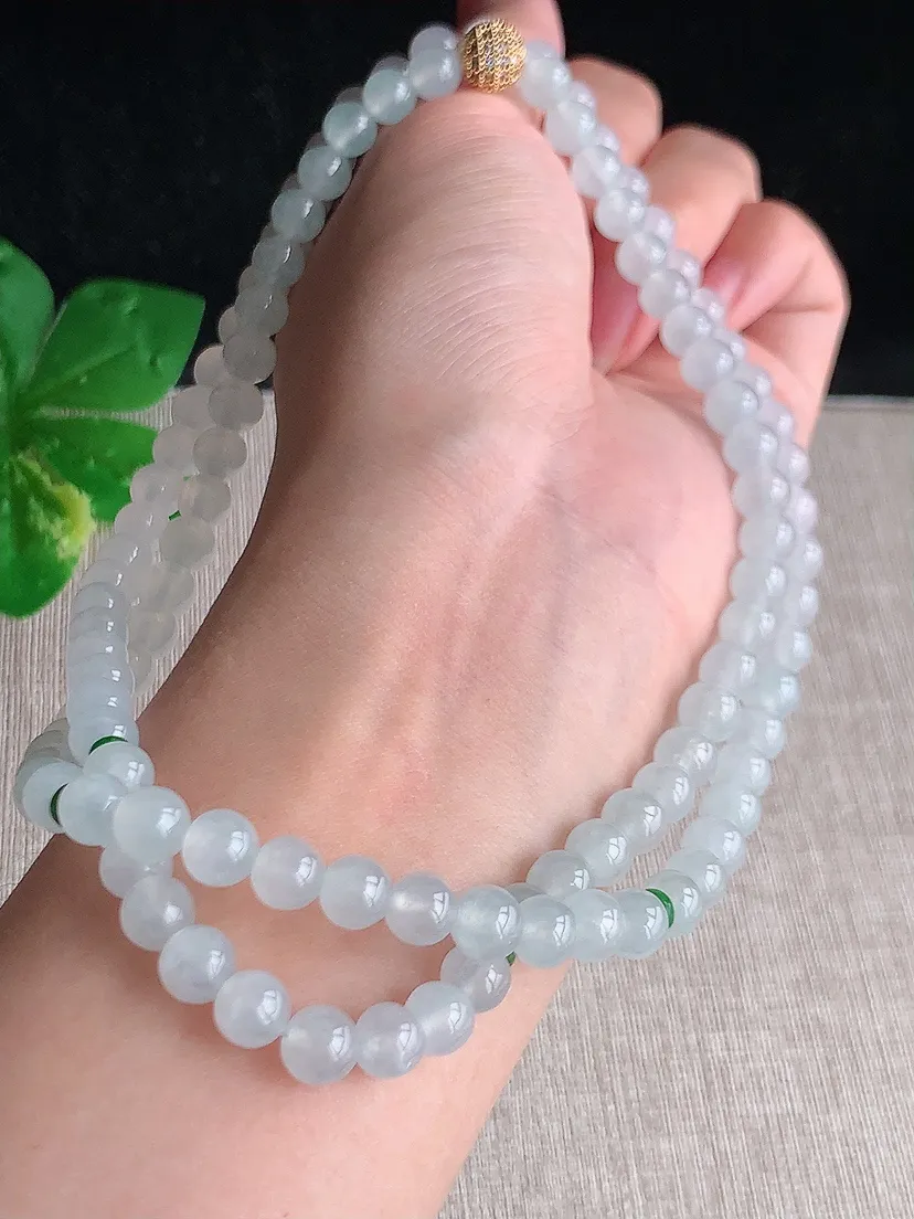 天然A货翡翠冰种白月光圆珠项链毛衣链108颗 度高尺寸6.2mm 重量53.40g 0516