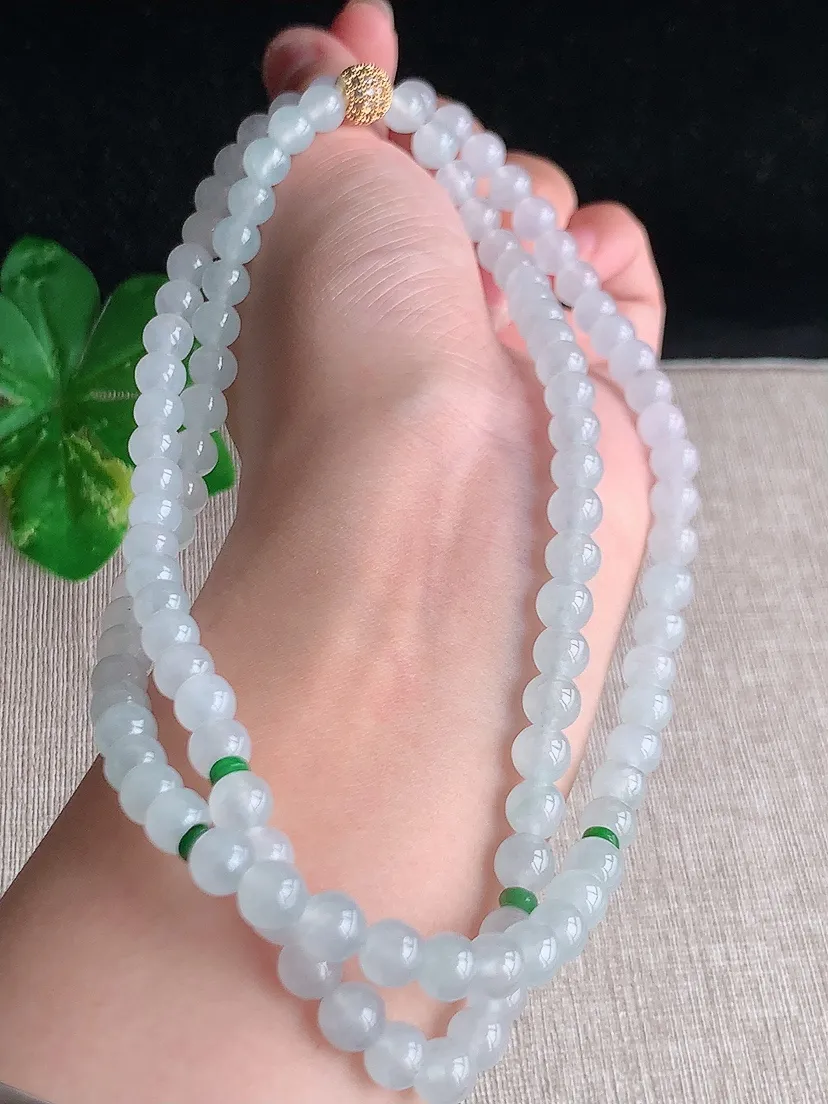 天然A货翡翠冰种白月光圆珠项链毛衣链108颗 度高尺寸6.2mm 重量53.40g 0516