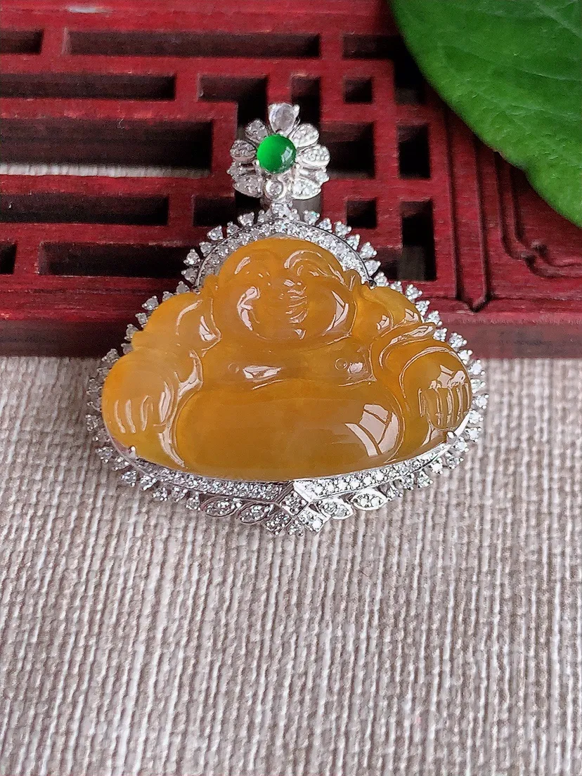 天然A货翡翠18K金伴黄翡佛公吊坠尺寸31.6×29×9.4裸石16.8×26m量6.18g 0516