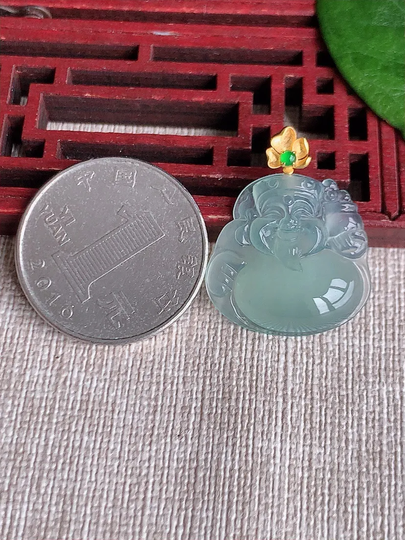 天然A货翡翠18K金扣头晴水一刀切财神爷吊坠尺寸26.7×20.8×21×5m量3.67g 0516