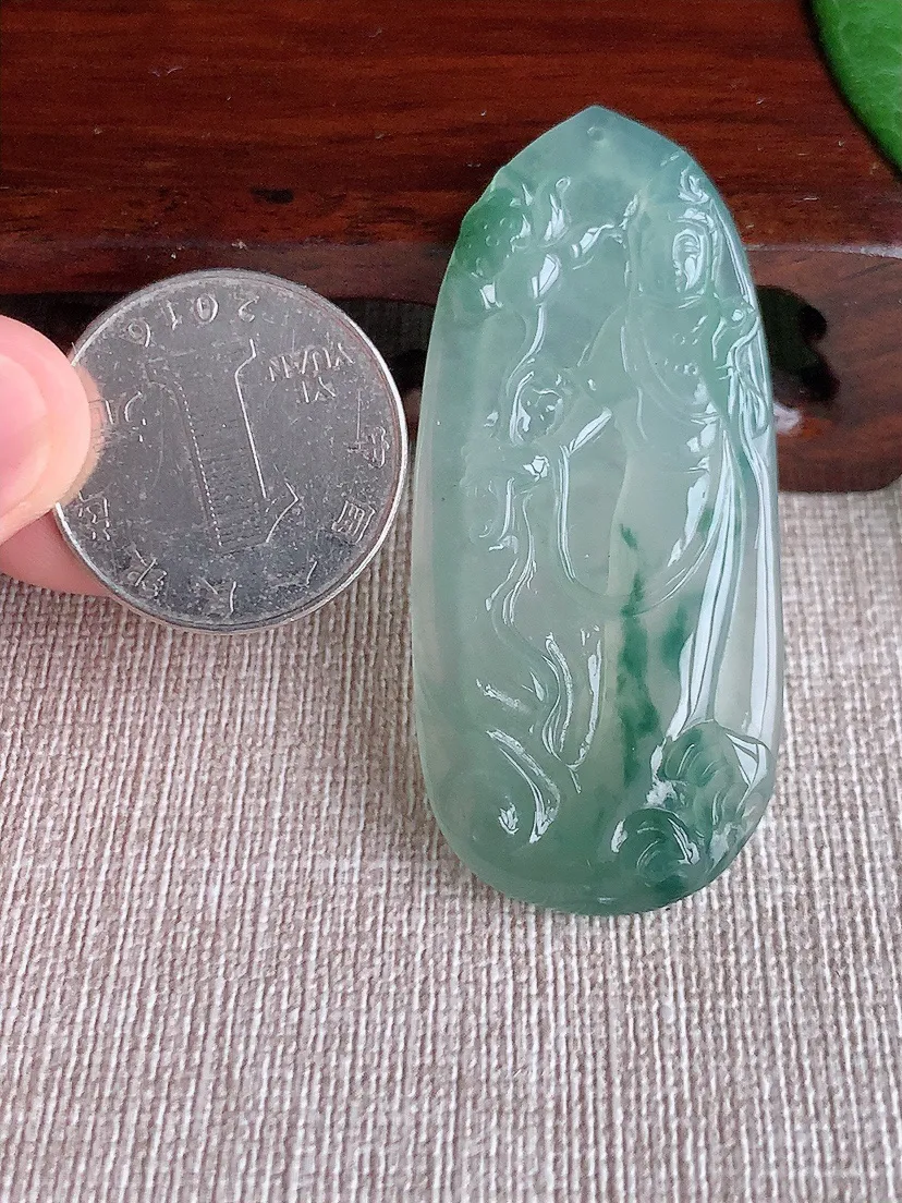 天然A货翡翠飘花大势至菩萨吊坠尺寸55×24.8×4.7m量14.00g 0518