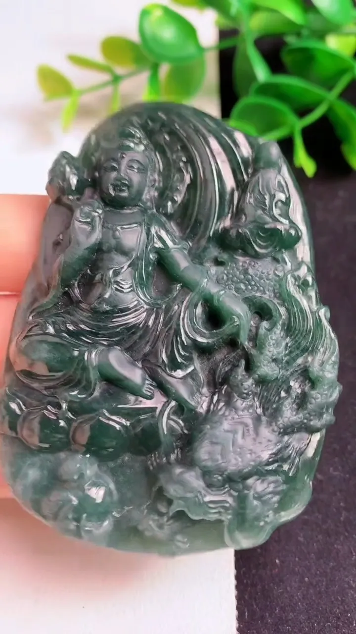 天然A货翡翠蓝水祥龙大势至观音菩萨吊坠，尺寸71.6-53-10，重:58.09g
5月19日