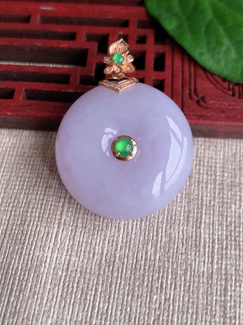 a货翡翠老坑冰种18K金镶嵌紫罗兰平安扣吊坠  尺寸35.5×27×12.6mm 重量20.96g 