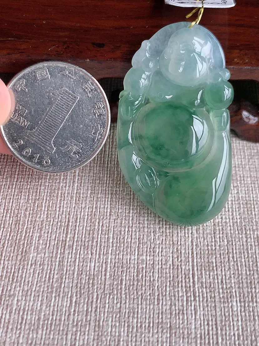 a货翡翠老坑冰种飘花布袋佛吊坠  尺寸45×25.3×5.5mm 重量11.60g 0518