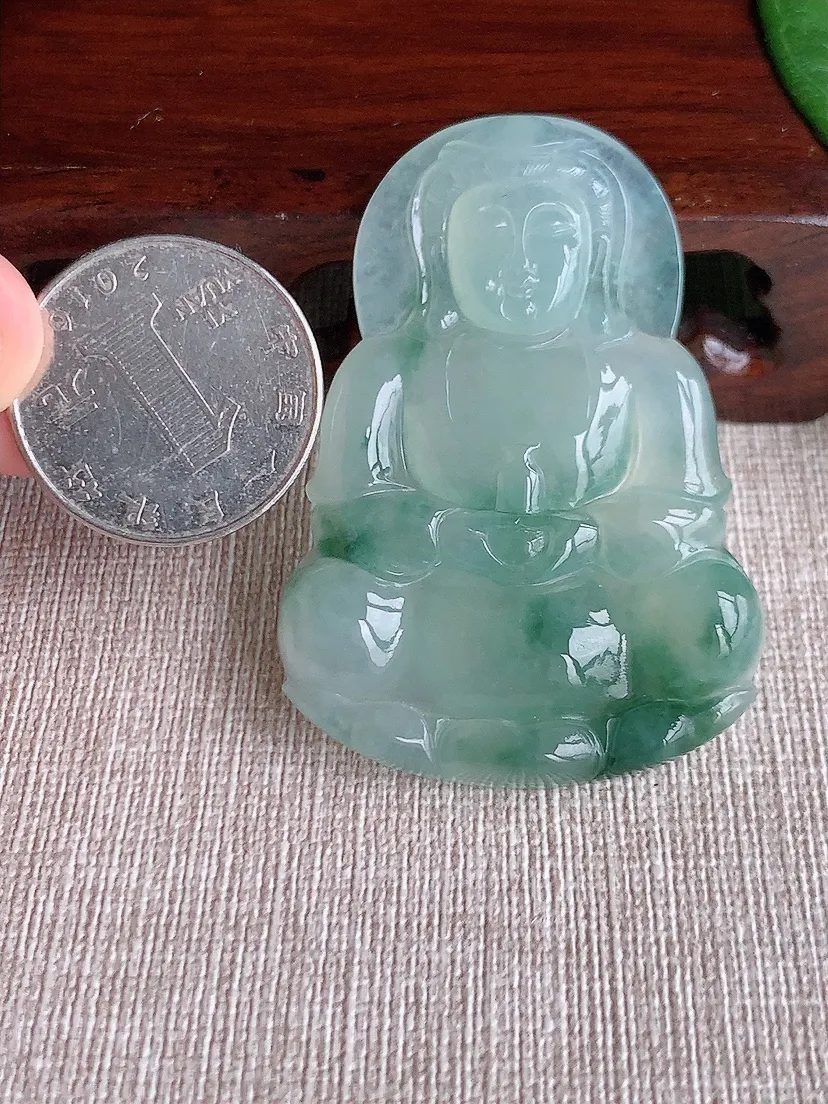 天然A货翡翠飘花正装观音吊坠尺寸54.7×38.7×6.3m量24.27g 0518