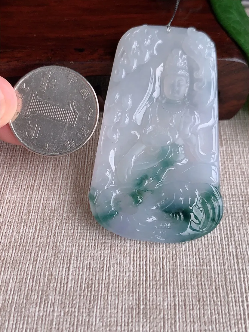 天然A货翡翠飘花普贤菩萨吊坠尺寸59.4×35×4.7m量22.30g 0518