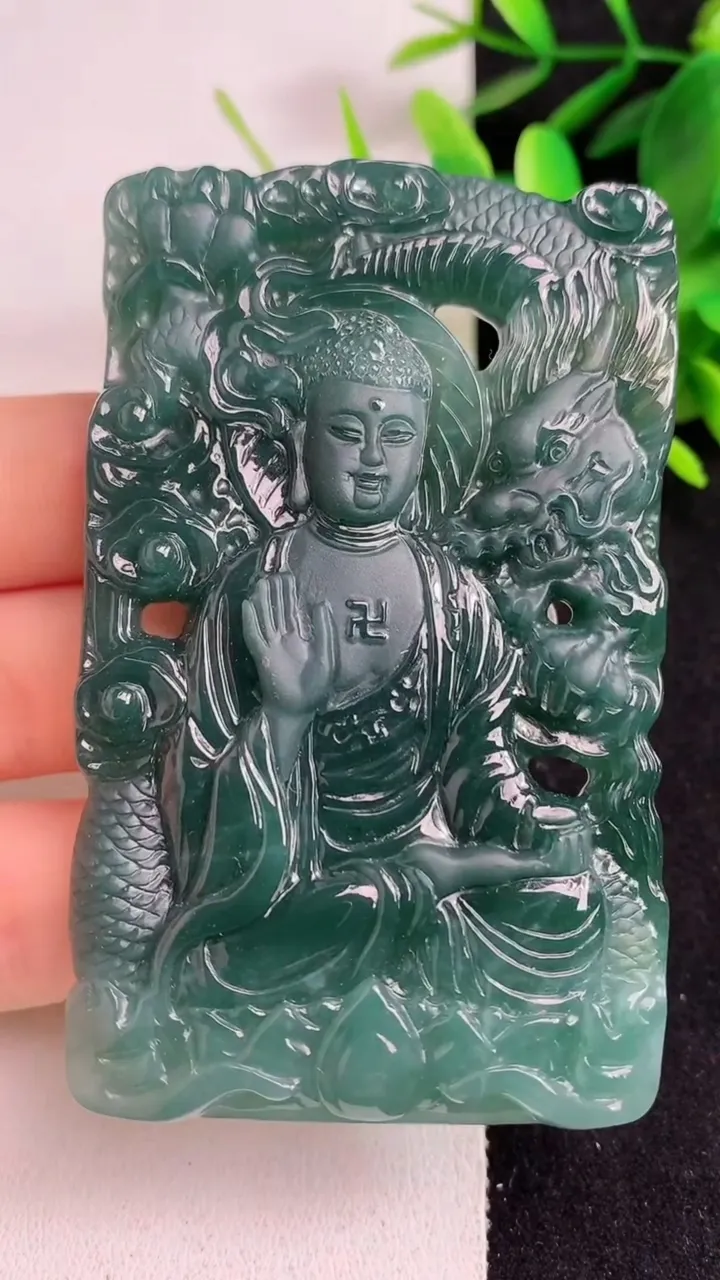 天然A货翡翠蓝水祥龙阿弥陀佛吊坠，尺寸71-44.4-7.5，重:48.92g
5月21日