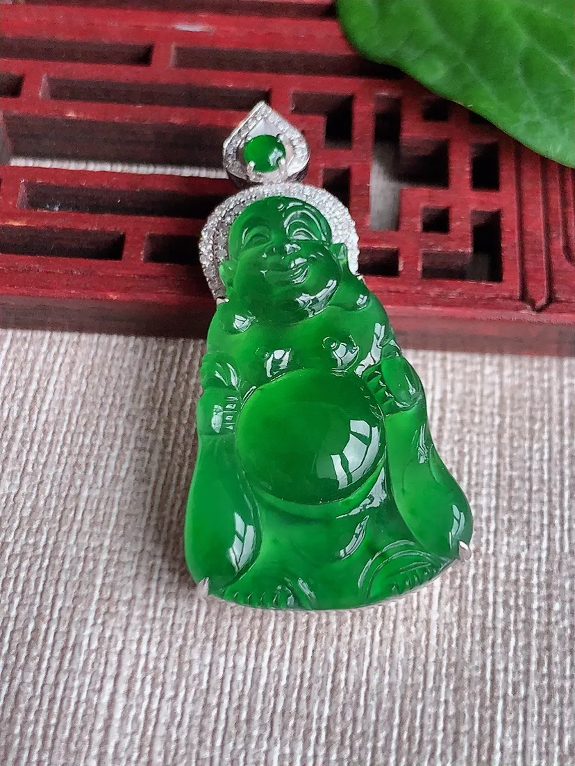 天然A货翡翠18K金伴满绿布袋佛吊坠尺寸43.3×33.3×21.7×8m量8.50g 0518
