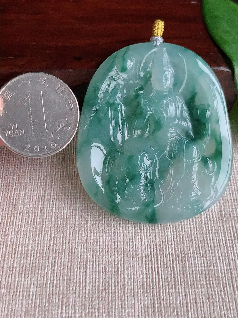天然A货翡翠飘花普贤菩萨吊坠尺寸53.2×45×5.3m量27.32g 0521