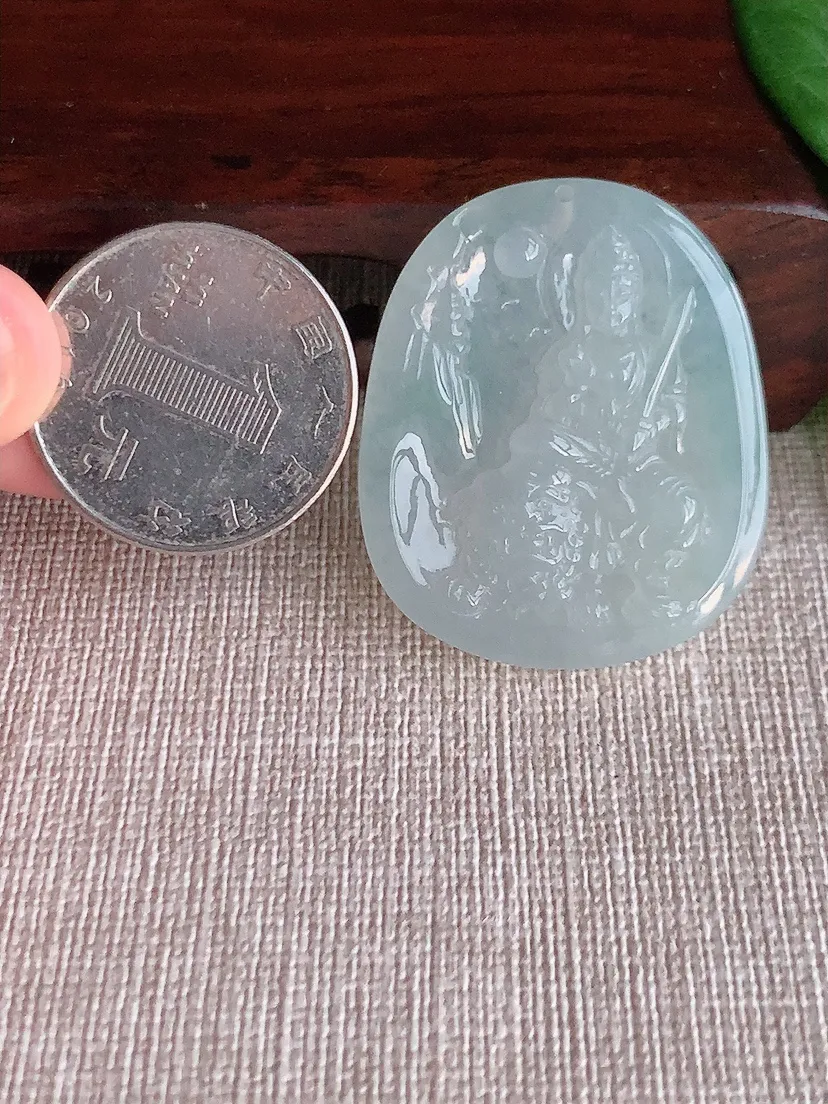 天然A货翡翠一刀切文殊菩萨吊坠尺寸36.6×30.8×5.5m量13.60g 0521